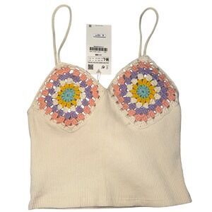 ZARA Ribbed Cropped Tank Top Crochet Bralette‎ Multi Color Pastel Size M L